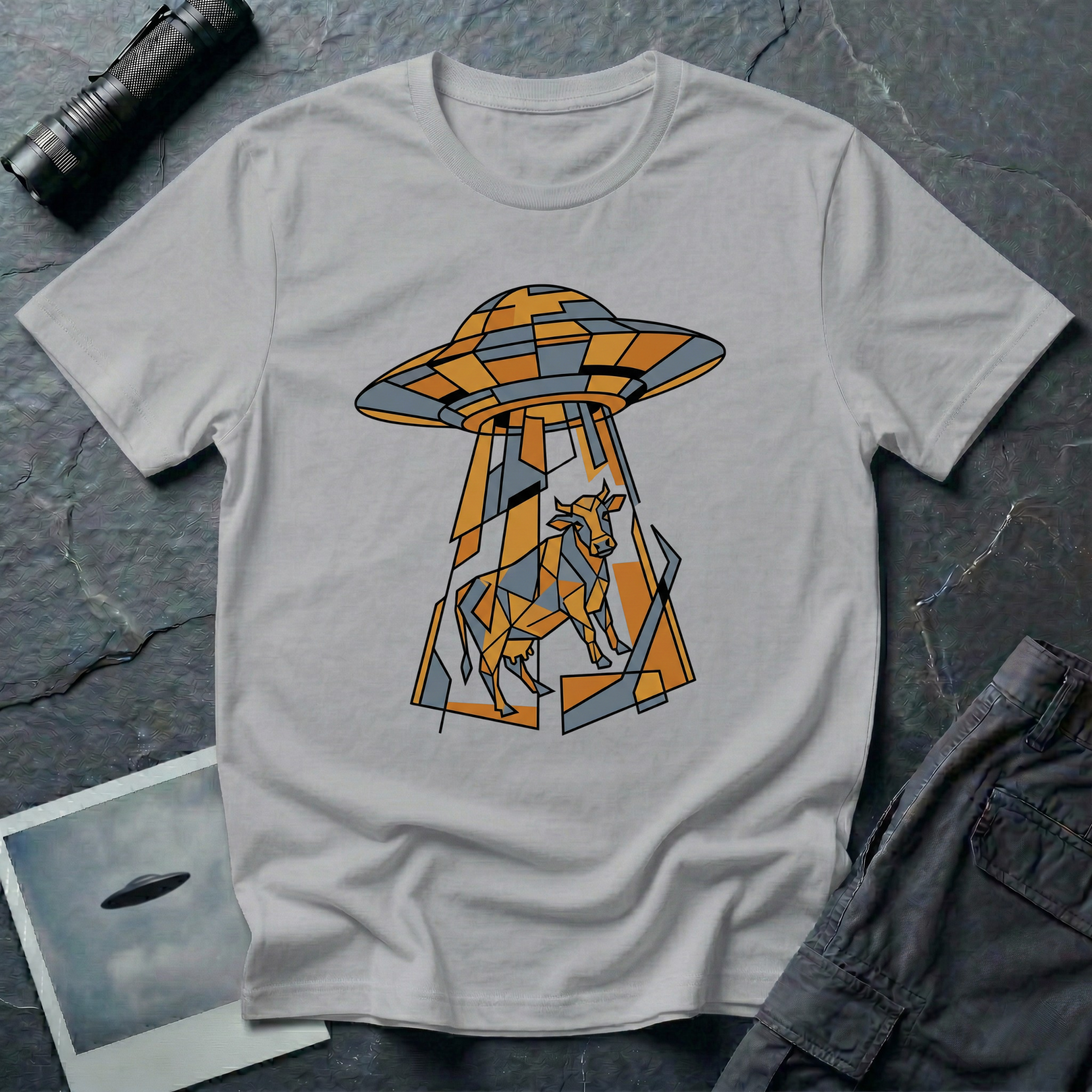 Cubist Cow geometric cow abduction t-shirt — flying saucer and suspended cow rendered in angular faceted planes of orange, grey, and white triangular geometric fragments on grey cotton tee
