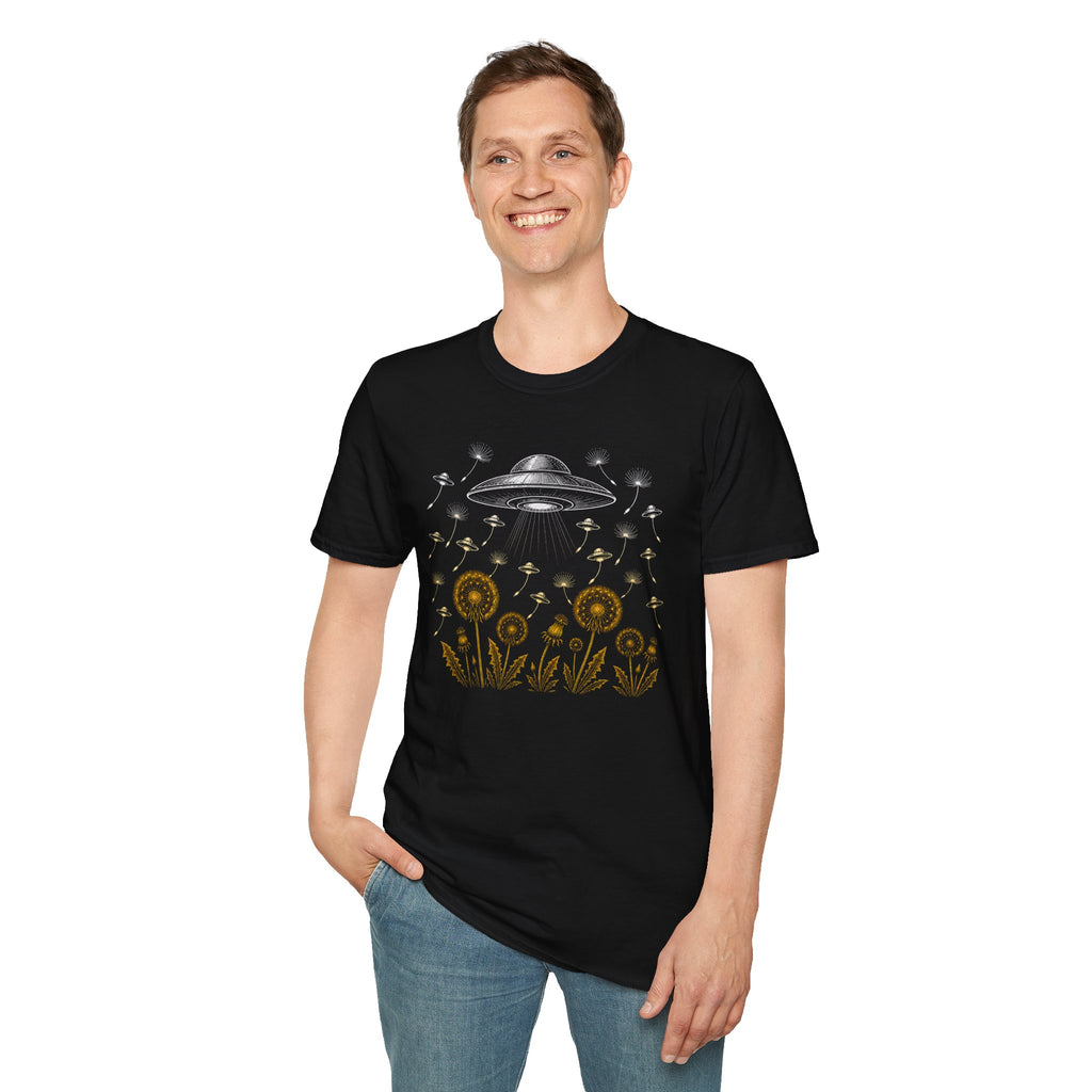 Dandelion UFO Fleet t-shirt with gold botanical dandelions releasing seed saucers toward a white mothership, black tee