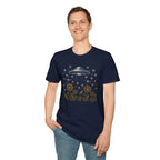 Dandelion UFO Fleet t-shirt with gold botanical dandelions releasing seed saucers toward a white mothership, navy blue tee