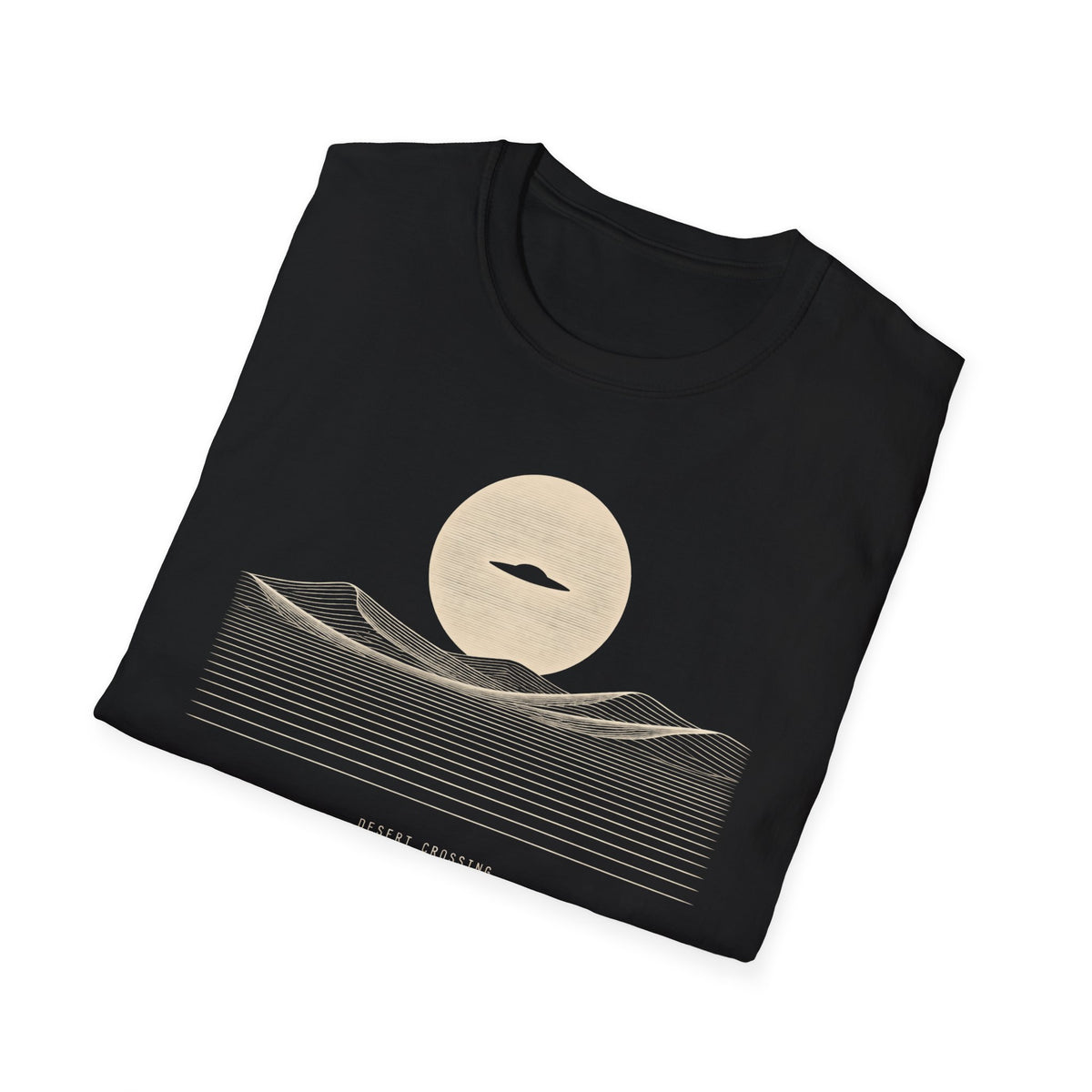 Desert Crossing UFO T-shirt with a black flying saucer crossing a white moon above minimalist line-art desert dunes, black tee