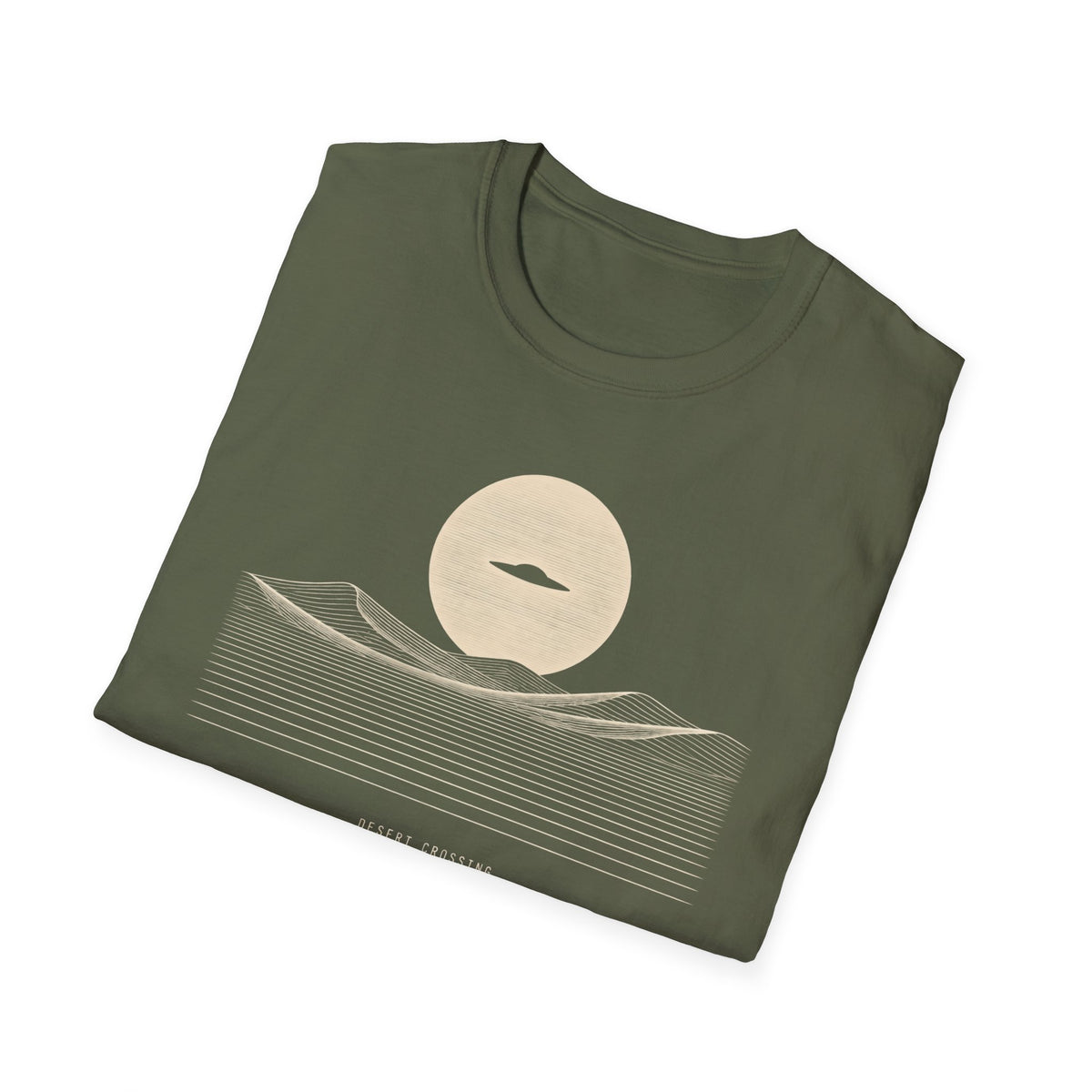 Desert Crossing UFO T-shirt with a black flying saucer crossing a white moon above minimalist line-art desert dunes, military green tee
