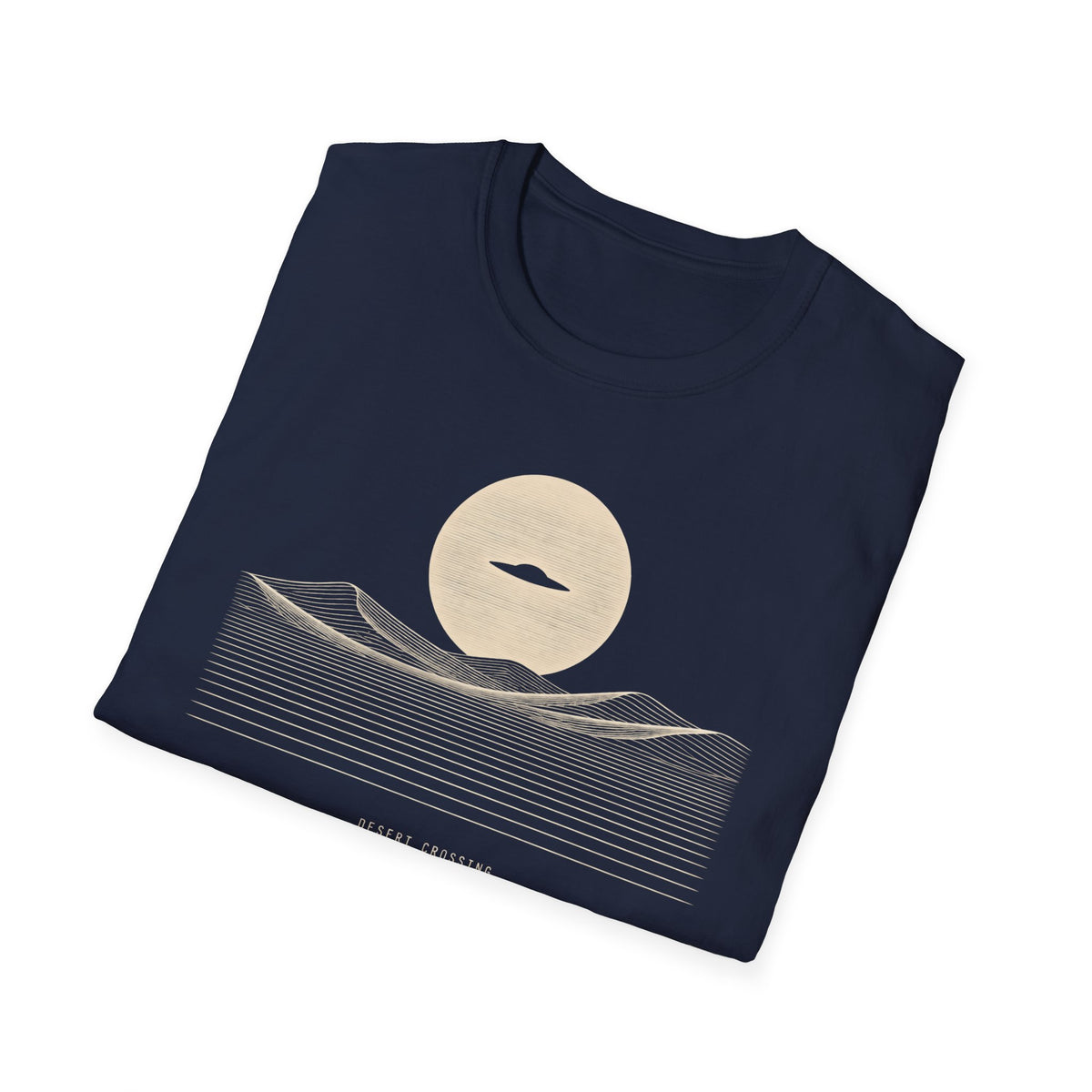 Desert Crossing UFO T-shirt with a black flying saucer crossing a white moon above minimalist line-art desert dunes, navy blue tee