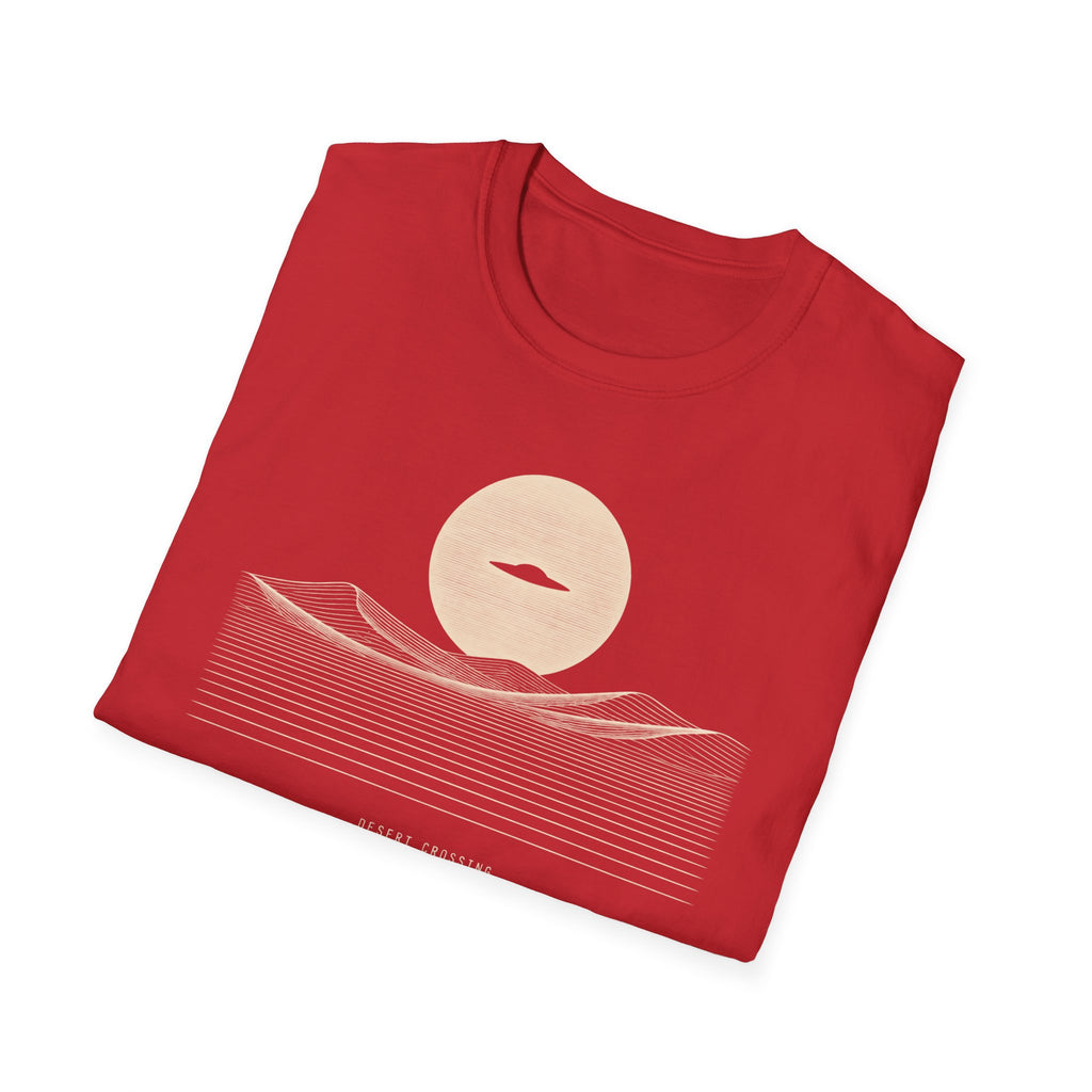 Desert Crossing UFO T-shirt with a black flying saucer crossing a white moon above minimalist line-art desert dunes, red tee