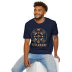 Man wearing navy blue UFO disclosure t-shirt with a flying saucer inside a circular vintage broadcast radar array with orange accents and the words DISCLOSURE BROADCAST