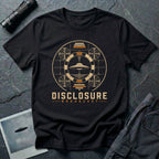 Black UFO disclosure t-shirt with a flying saucer inside a circular vintage broadcast radar array with orange accents and the words DISCLOSURE BROADCAST