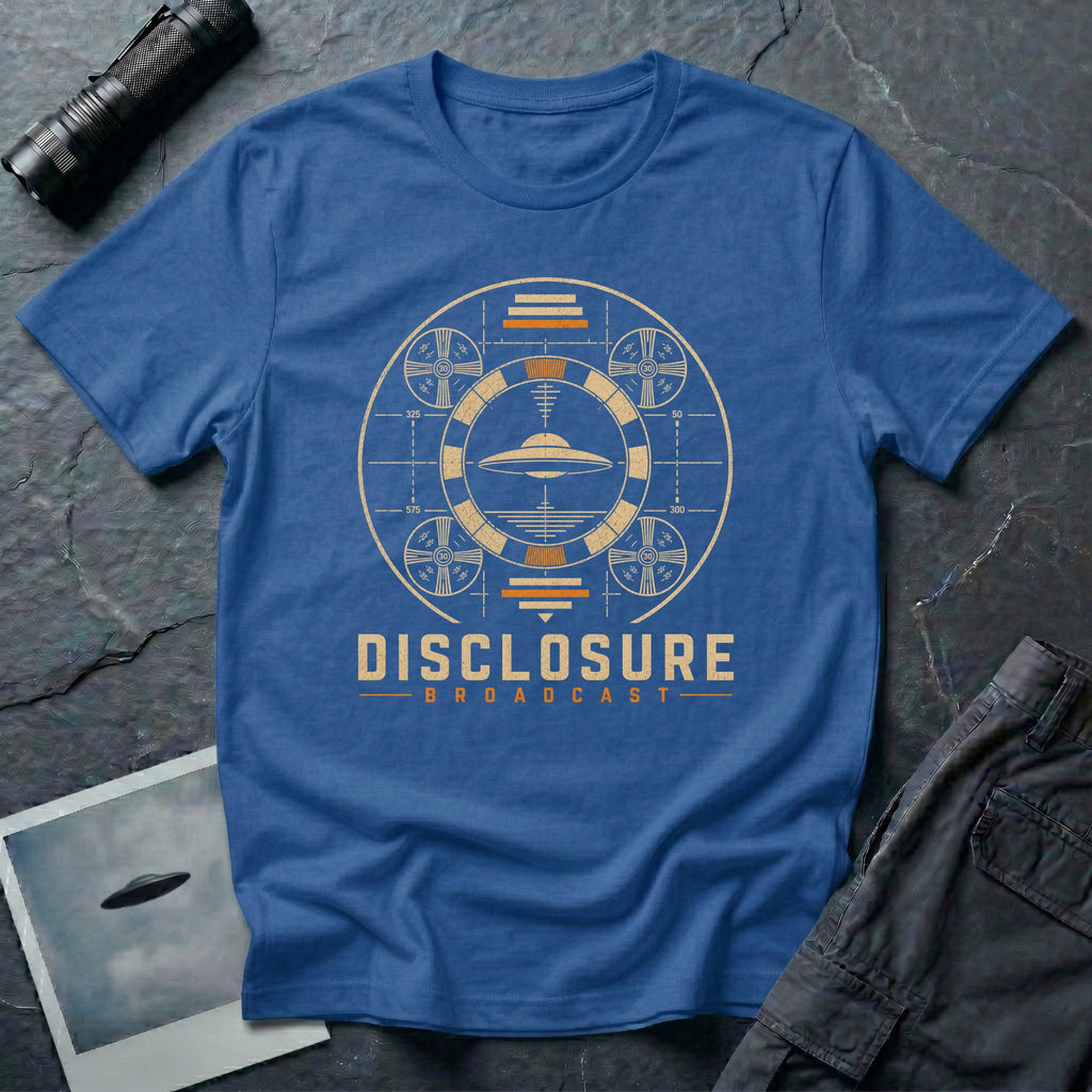 Blue UFO disclosure t-shirt with a flying saucer inside a circular vintage broadcast radar array with orange accents and the words DISCLOSURE BROADCAST
