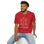 Man wearing red UFO disclosure t-shirt with a flying saucer inside a circular vintage broadcast radar array with orange accents and the words DISCLOSURE BROADCAST