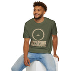 Man wearing green UFO disclosure t-shirt with a flying saucer silhouetted inside a total solar eclipse with radiant corona and the word DISCLOSURE in distressed block letters