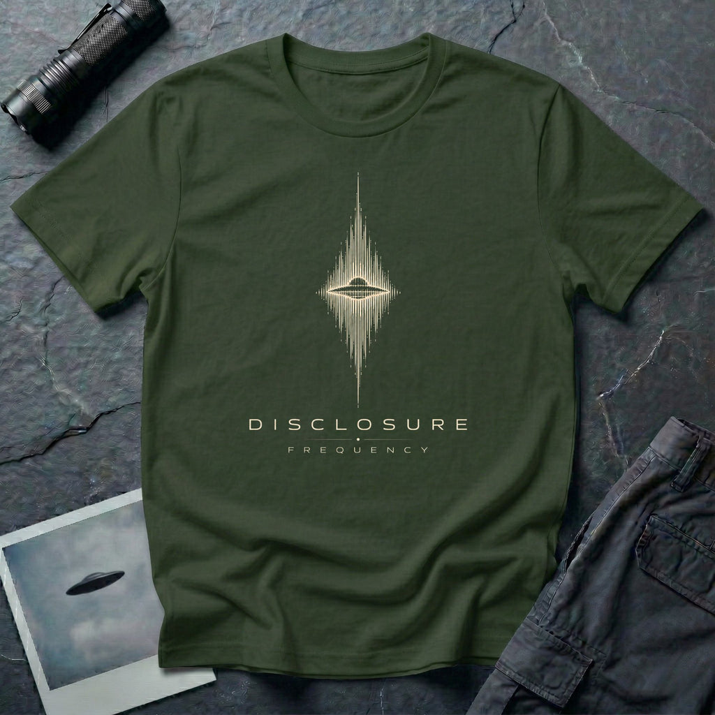 Green UFO disclosure t-shirt with a flying saucer at the centre of a diamond-shaped frequency waveform in white with the words DISCLOSURE FREQUENCY beneath
