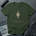 Green UFO disclosure t-shirt with a flying saucer at the centre of a diamond-shaped frequency waveform in white with the words DISCLOSURE FREQUENCY beneath