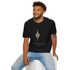 Man wearing black UFO disclosure t-shirt with a flying saucer at the centre of a diamond-shaped frequency waveform in white with the words DISCLOSURE FREQUENCY beneath