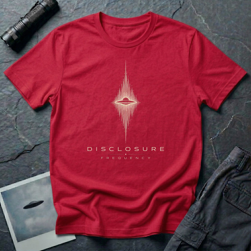 Red UFO disclosure t-shirt with a flying saucer at the centre of a diamond-shaped frequency waveform in white with the words DISCLOSURE FREQUENCY beneath