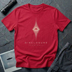 Red UFO disclosure t-shirt with a flying saucer at the centre of a diamond-shaped frequency waveform in white with the words DISCLOSURE FREQUENCY beneath