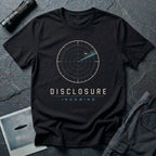 Black UFO disclosure t-shirt with a classic radar screen showing a flying saucer tracked in the upper quadrant with a sweep trail and the words DISCLOSURE INCOMING in cream and cyan