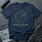 Navy blue UFO disclosure t-shirt with a classic radar screen showing a flying saucer tracked in the upper quadrant with a sweep trail and the words DISCLOSURE INCOMING in cream and cyan