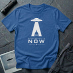 Royal blue UFO disclosure t-shirt with a flying saucer beaming the US Capitol building in white with the words DISCLOSURE IS NOW
