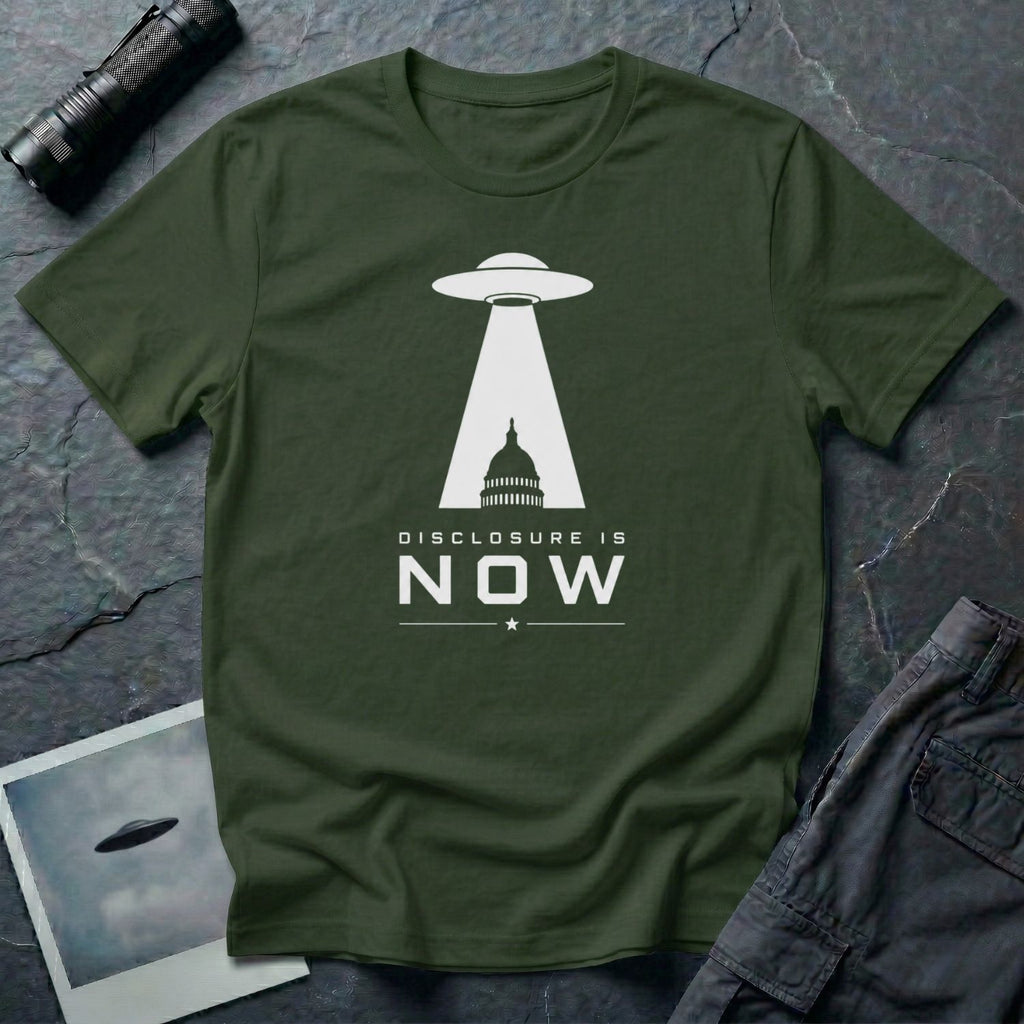 Military green UFO disclosure t-shirt with a flying saucer beaming the US Capitol building in white with the words DISCLOSURE IS NOW
