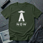 Military green UFO disclosure t-shirt with a flying saucer beaming the US Capitol building in white with the words DISCLOSURE IS NOW
