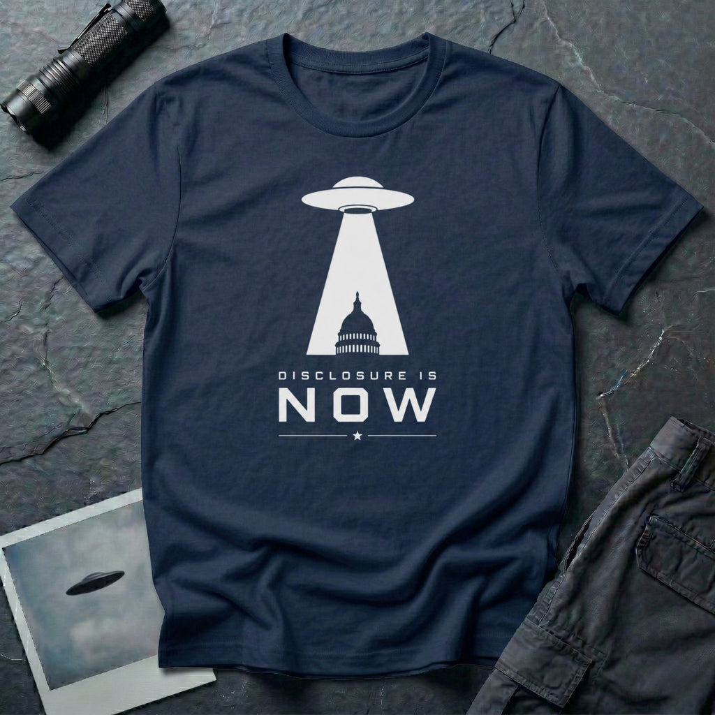 Navy blue UFO disclosure t-shirt with a flying saucer beaming the US Capitol building in white with the words DISCLOSURE IS NOW
