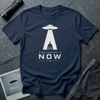 Navy blue UFO disclosure t-shirt with a flying saucer beaming the US Capitol building in white with the words DISCLOSURE IS NOW
