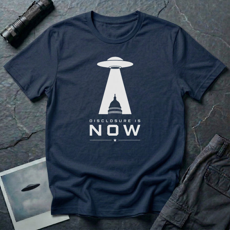 Navy blue UFO disclosure t-shirt with a flying saucer beaming the US Capitol building in white with the words DISCLOSURE IS NOW
