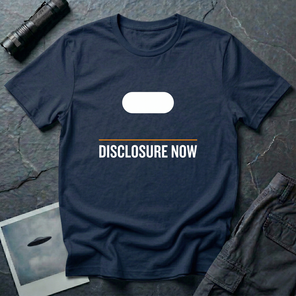 Navy Blue t-shirt with white Tic Tac UAP silhouette above an orange horizontal rule and DISCLOSURE NOW in bold white caps