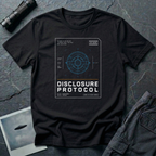 Black t-shirt with a blue technical wireframe of a circular UFO inside a white "Top Secret" classified document frame with the text DISCLOSURE PROTOCOL.