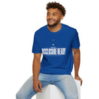 Man wearing blue UFO disclosure t-shirt with bold block letters reading DISCLOSURE READY and subtitle CONTACT EXPECTED with a small flying saucer above the horizon in white