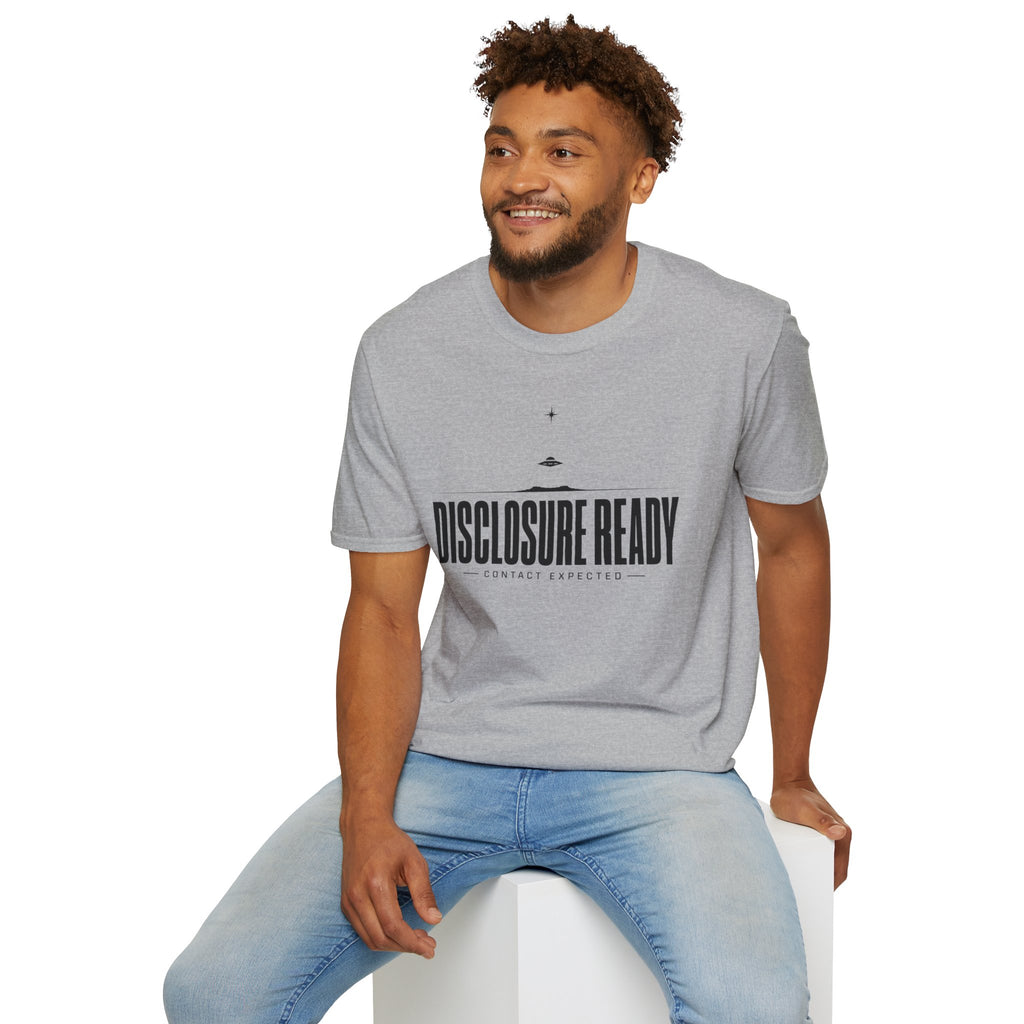 Man wearing grey UFO disclosure t-shirt with bold block letters reading DISCLOSURE READY and subtitle CONTACT EXPECTED with a small flying saucer above the horizon in black