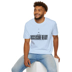Man wearing light blue UFO disclosure t-shirt with bold block letters reading DISCLOSURE READY and subtitle CONTACT EXPECTED with a small flying saucer above the horizon in black