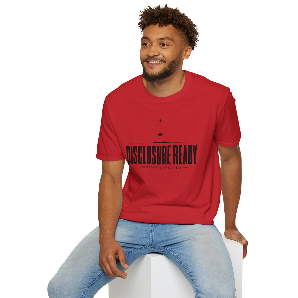 Man wearing red UFO disclosure t-shirt with bold block letters reading DISCLOSURE READY and subtitle CONTACT EXPECTED with a small flying saucer above the horizon in black