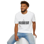 Man wearing white UFO disclosure t-shirt with bold block letters reading DISCLOSURE READY and subtitle CONTACT EXPECTED with a small flying saucer above the horizon in black