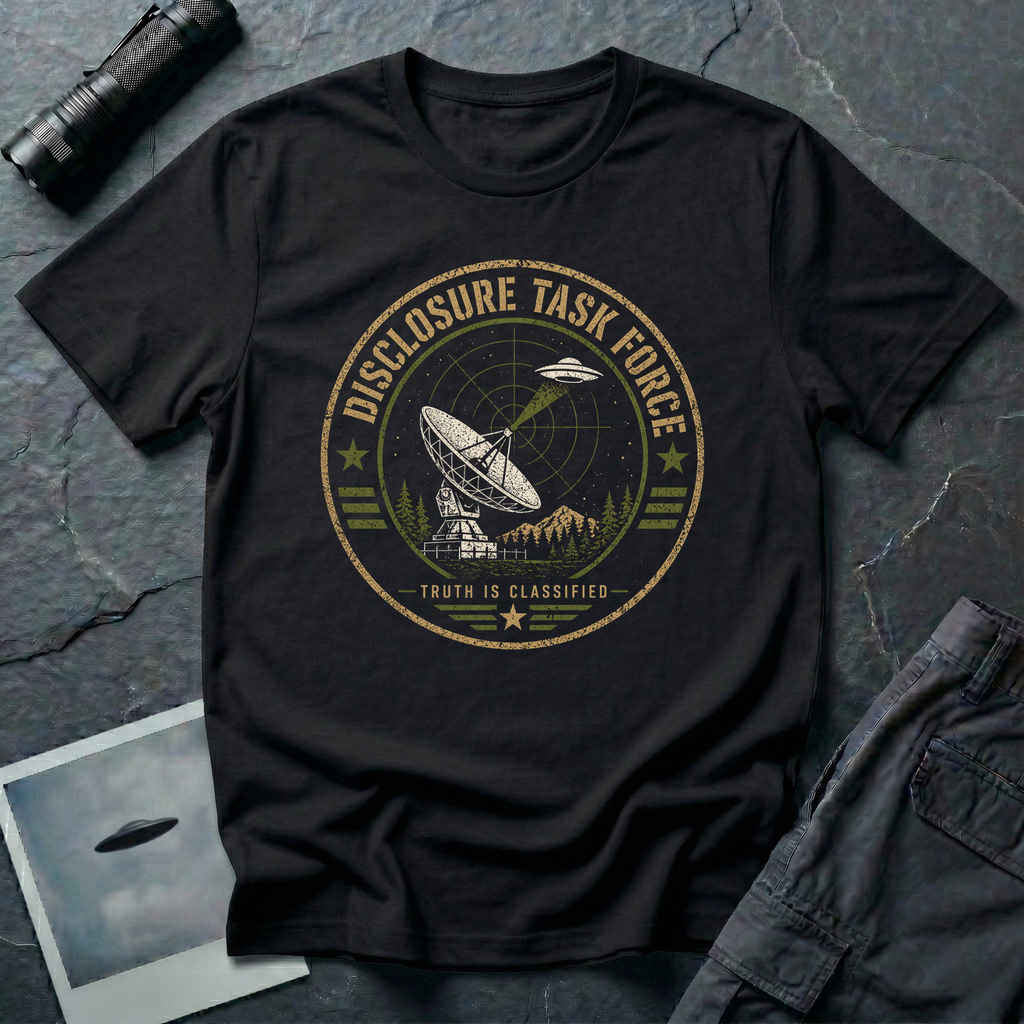 Black t-shirt with a circular military-style badge showing a satellite dish pointed at a saucer UFO and the text DISCLOSURE TASK FORCE.