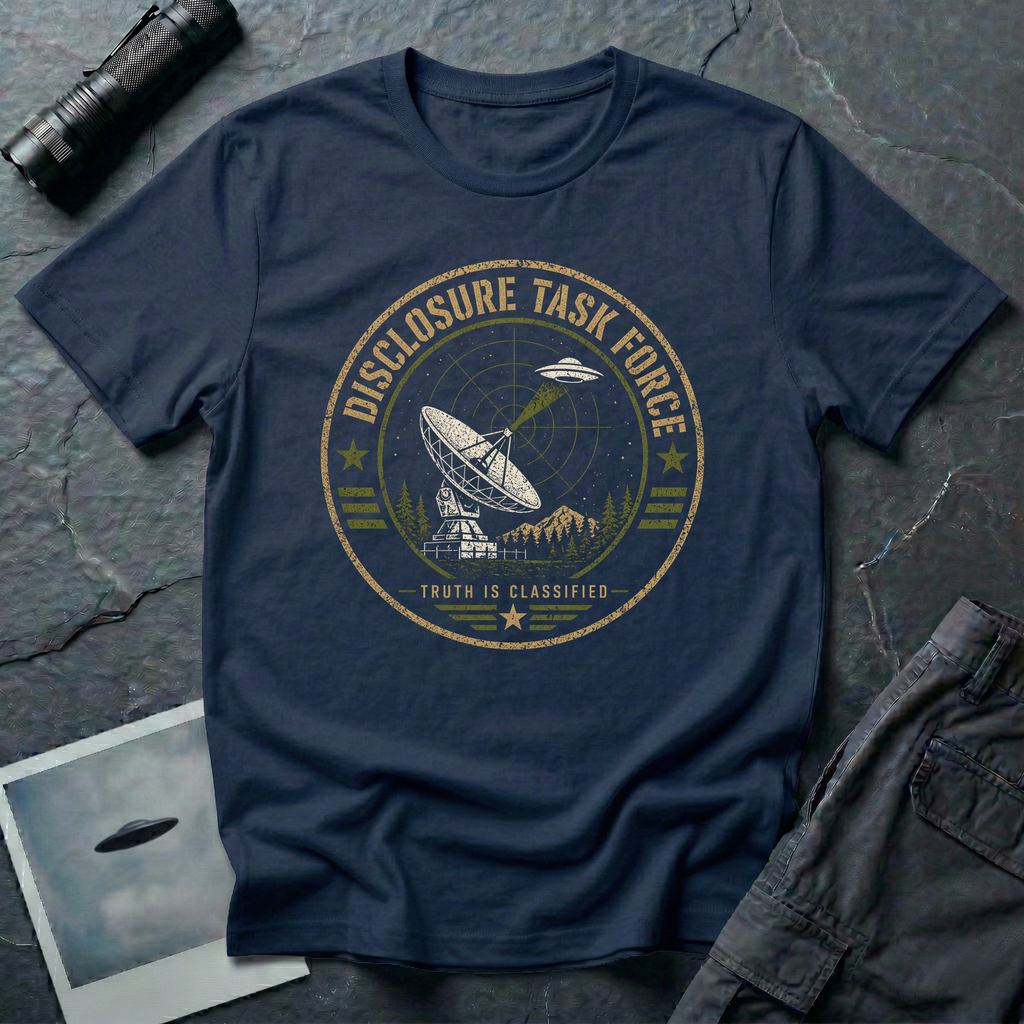 Navy blue t-shirt with a circular military-style badge showing a satellite dish pointed at a saucer UFO and the text DISCLOSURE TASK FORCE.