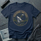 Navy blue t-shirt with a circular military-style badge showing a satellite dish pointed at a saucer UFO and the text DISCLOSURE TASK FORCE.