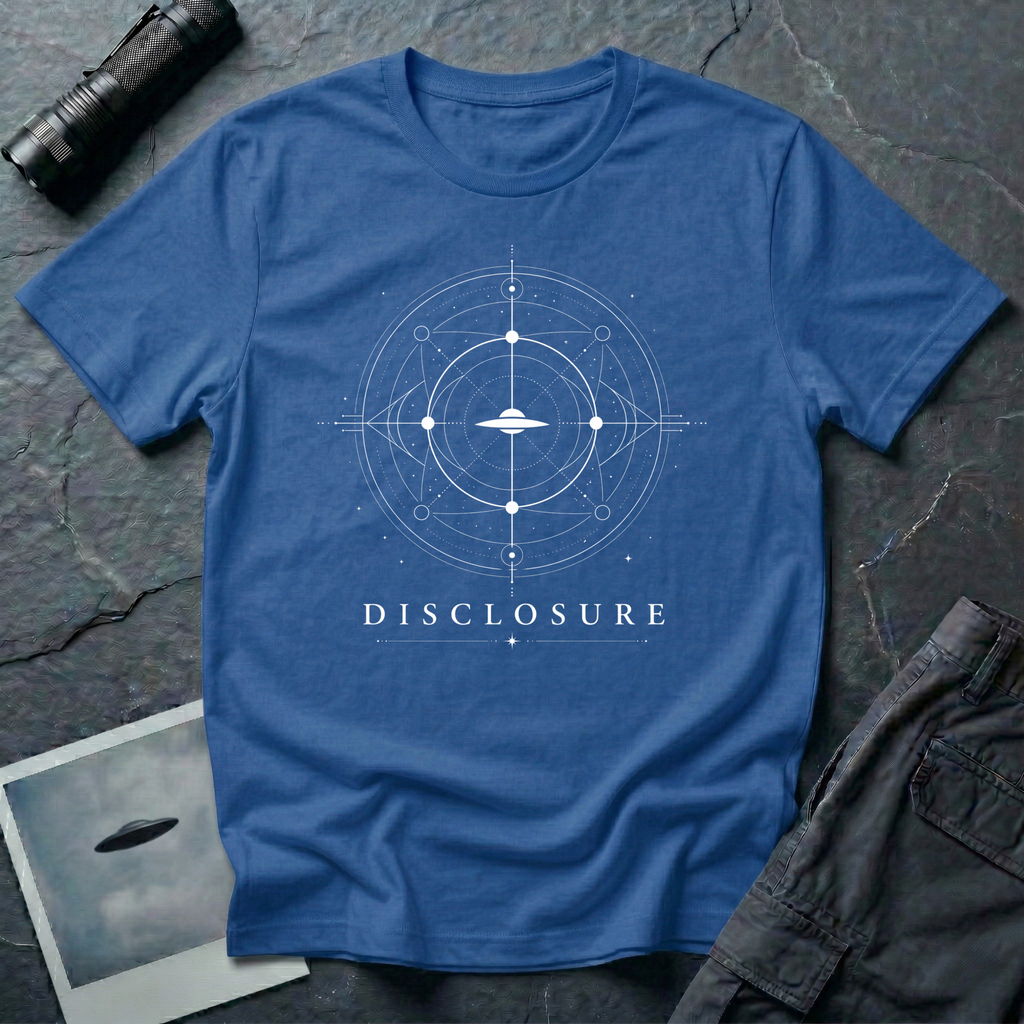Disclosure UAP t-shirt — classic flying saucer with sacred geometry design on blue unisex cotton tee