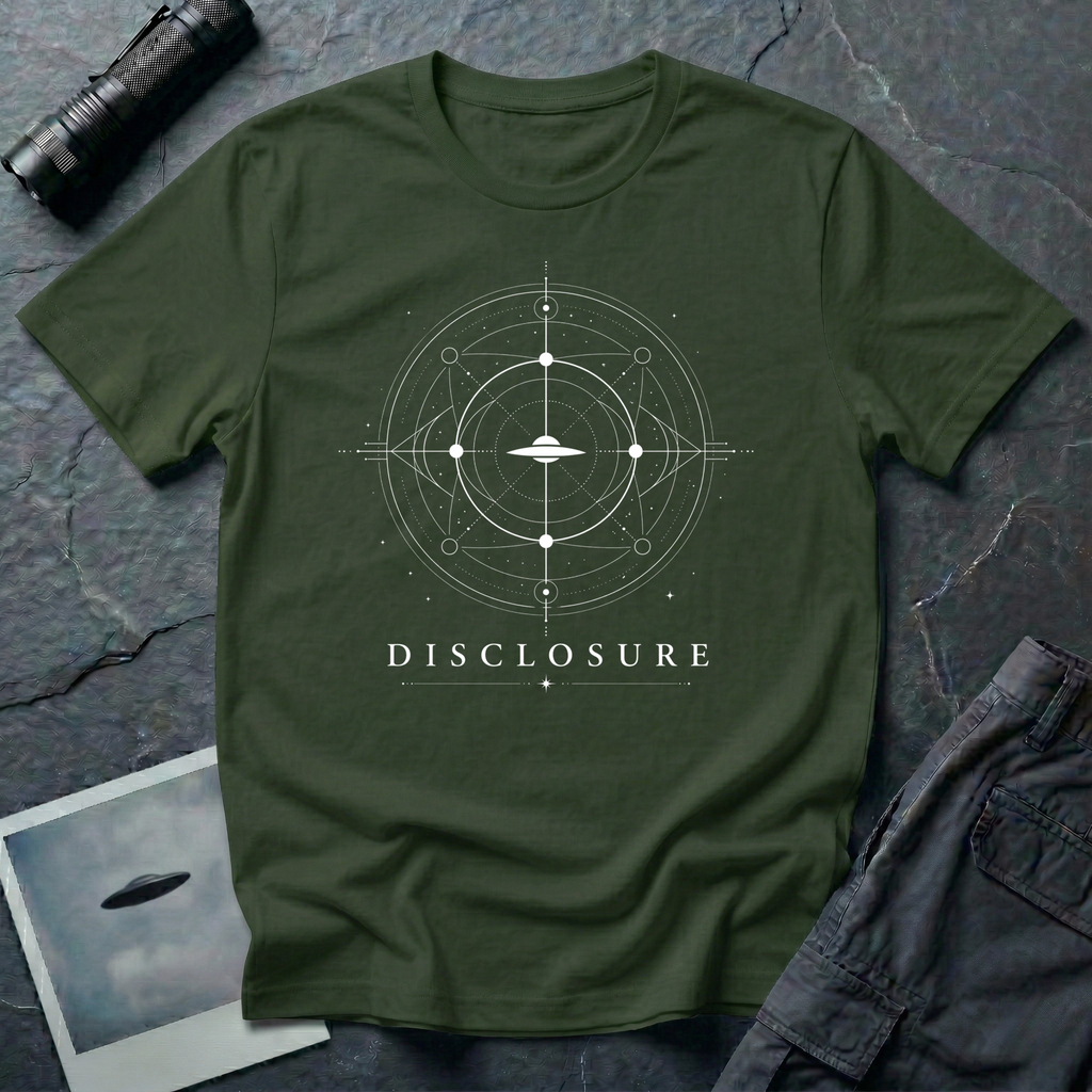 Disclosure UAP t-shirt — classic flying saucer with sacred geometry design on military green unisex cotton tee