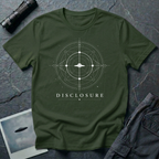 Disclosure UAP t-shirt — classic flying saucer with sacred geometry design on military green unisex cotton tee