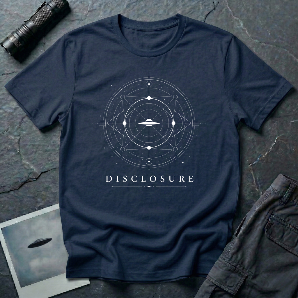 Disclosure UAP t-shirt — classic flying saucer with sacred geometry design on navy unisex cotton tee