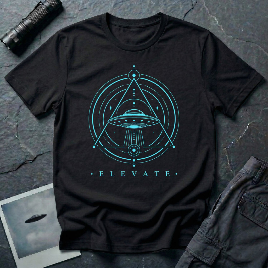 Black UFO t-shirt with a flying saucer and tractor beam inside an upward-pointing sacred geometry triangle and circles with the word ELEVATE in cyan