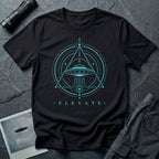 Black UFO t-shirt with a flying saucer and tractor beam inside an upward-pointing sacred geometry triangle and circles with the word ELEVATE in cyan