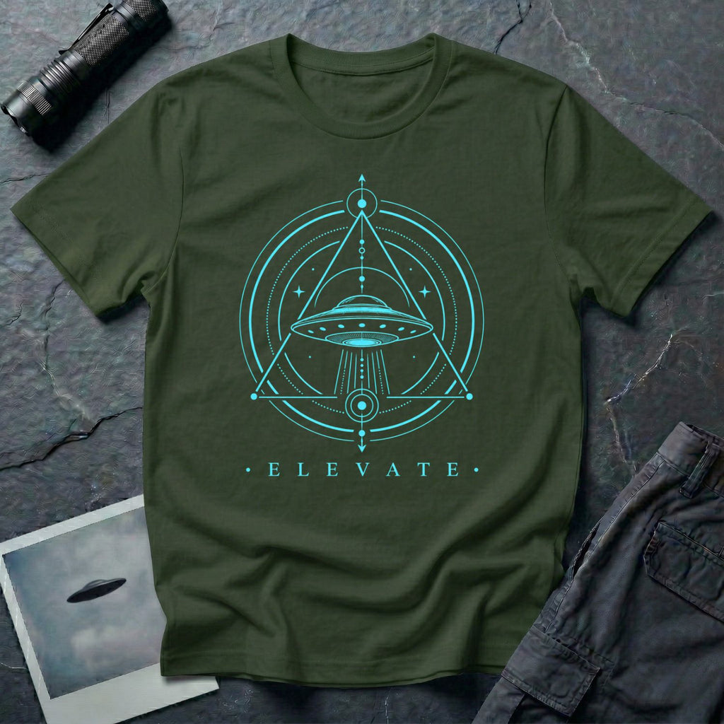 Military green UFO t-shirt with a flying saucer and tractor beam inside an upward-pointing sacred geometry triangle and circles with the word ELEVATE in cyan