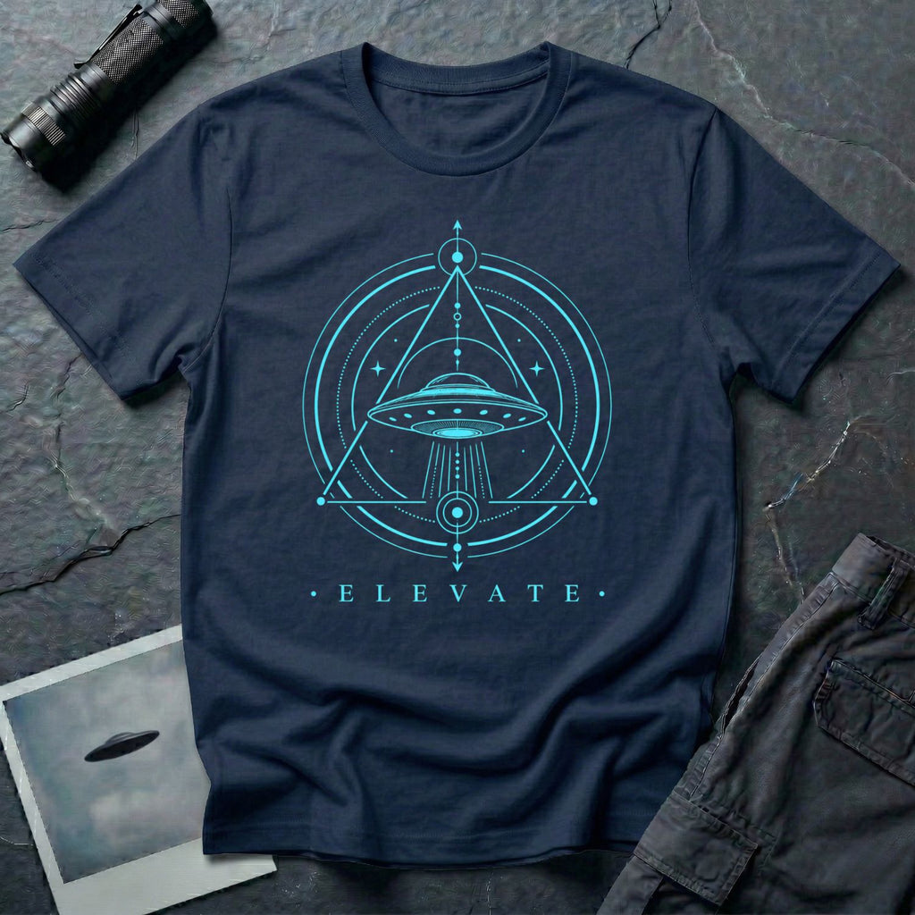 Navy blue UFO t-shirt with a flying saucer and tractor beam inside an upward-pointing sacred geometry triangle and circles with the word ELEVATE in cyan