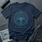 Navy blue UFO t-shirt with a flying saucer and tractor beam inside an upward-pointing sacred geometry triangle and circles with the word ELEVATE in cyan