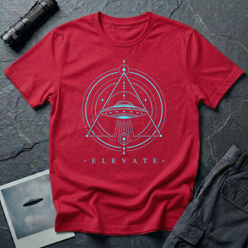 Red UFO t-shirt with a flying saucer and tractor beam inside an upward-pointing sacred geometry triangle and circles with the word ELEVATE in cyan