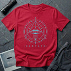 Red UFO t-shirt with a flying saucer and tractor beam inside an upward-pointing sacred geometry triangle and circles with the word ELEVATE in cyan