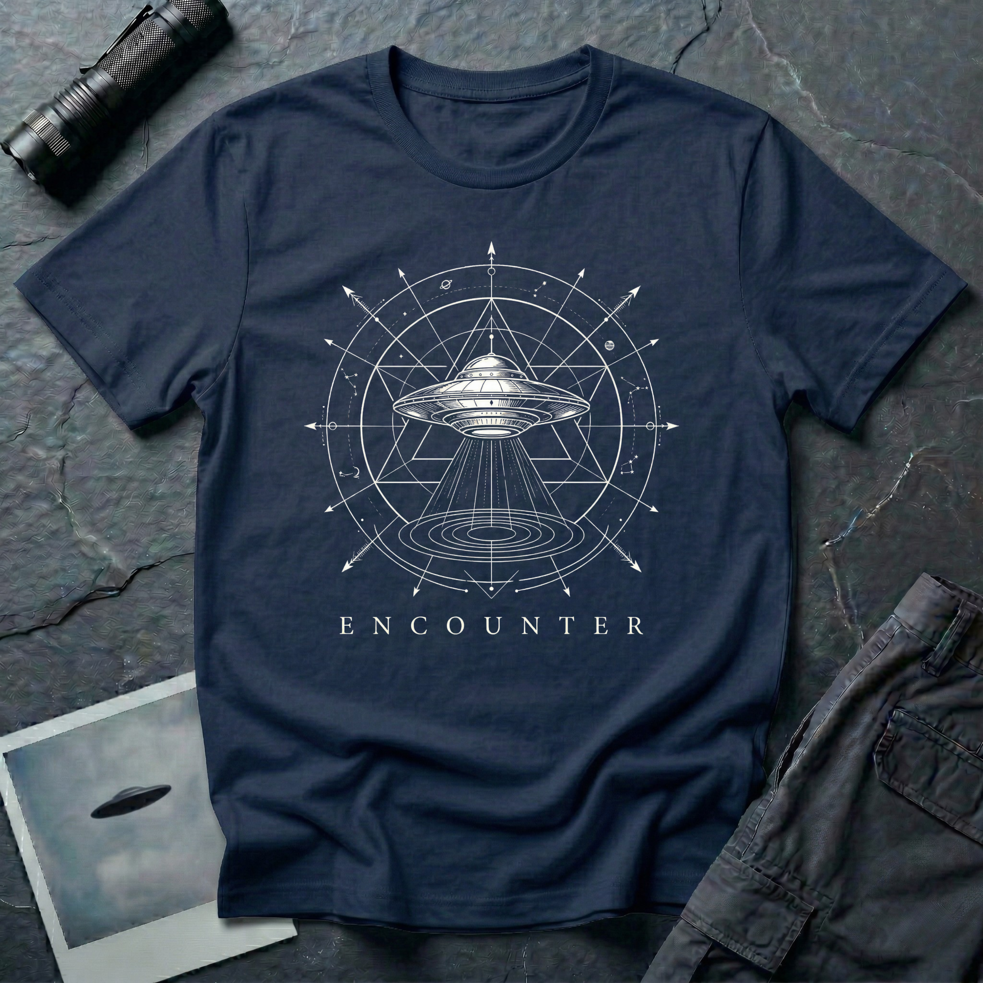 Encounter zodiac UFO t-shirt — flying saucer inside zodiac star chart and cosmological diagram in white on navy cotton tee