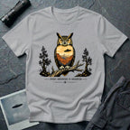 Every Observer Is Observed UFO t-shirt with owl double exposure and single tilted saucer in desert skyline, grey
