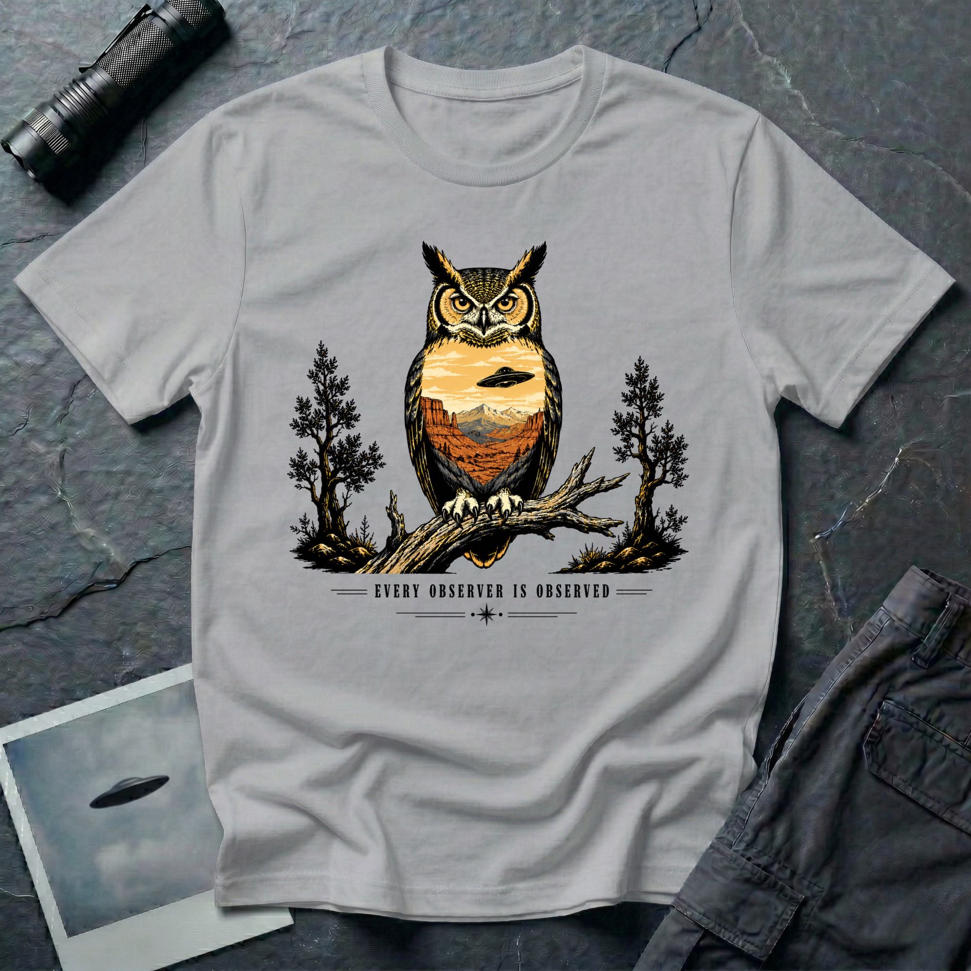 Every Observer Is Observed UFO t-shirt with owl double exposure and single tilted saucer in desert skyline, grey