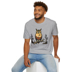 Every Observer Is Observed UFO t-shirt with owl double exposure and single tilted saucer in desert skyline, grey